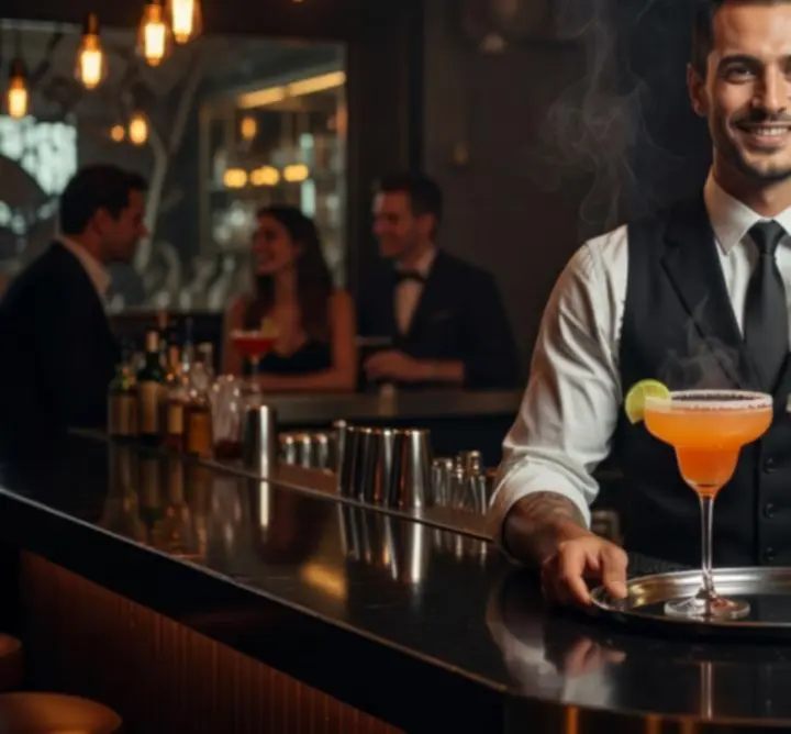 Bartender prémium koktélokat szolgál fel modern bárpultnál