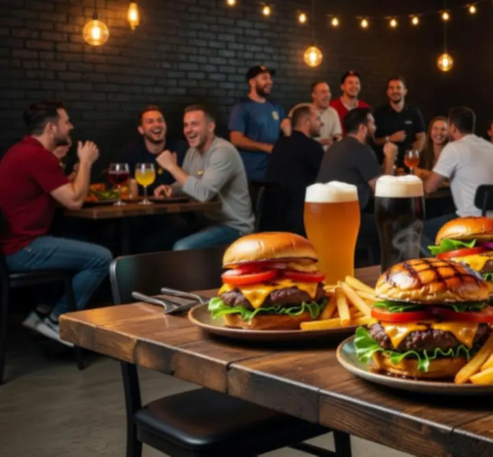 Street food stílusú ételek és italok sportbár környezetben